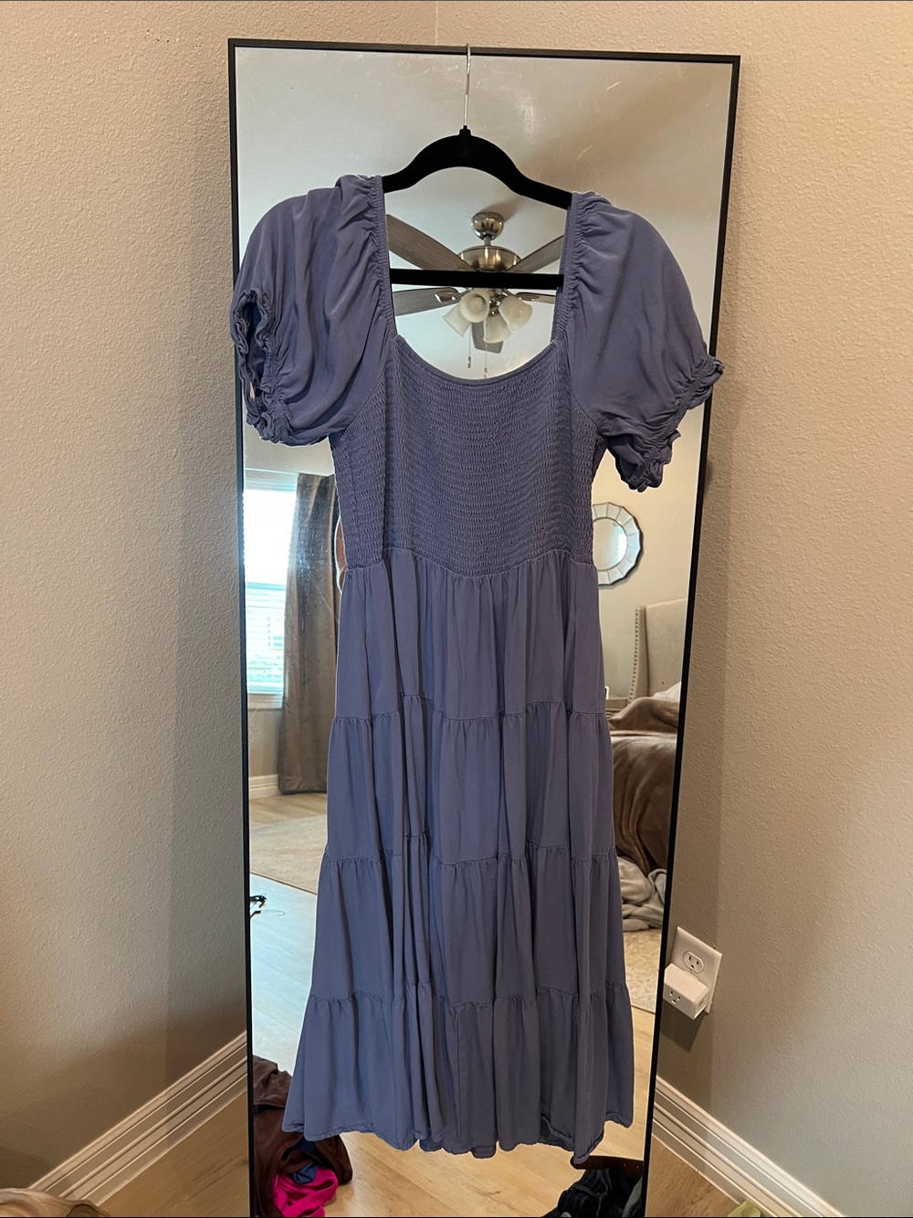Smocked Bodice Puff-Sleeve Tiered Maxi Dress in Dusty Blue